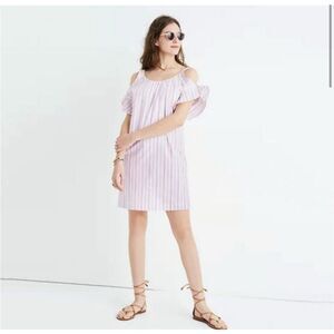 MADEWELL Women’s White Red Pinstripe Cold Shoulder Short Sleeve Dress Size Small
